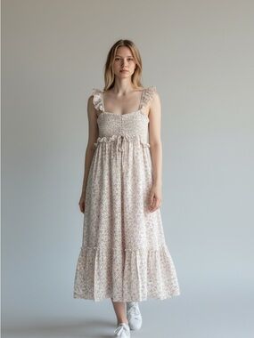 Blue B Floral Smocked Midi Dress in Light Pink